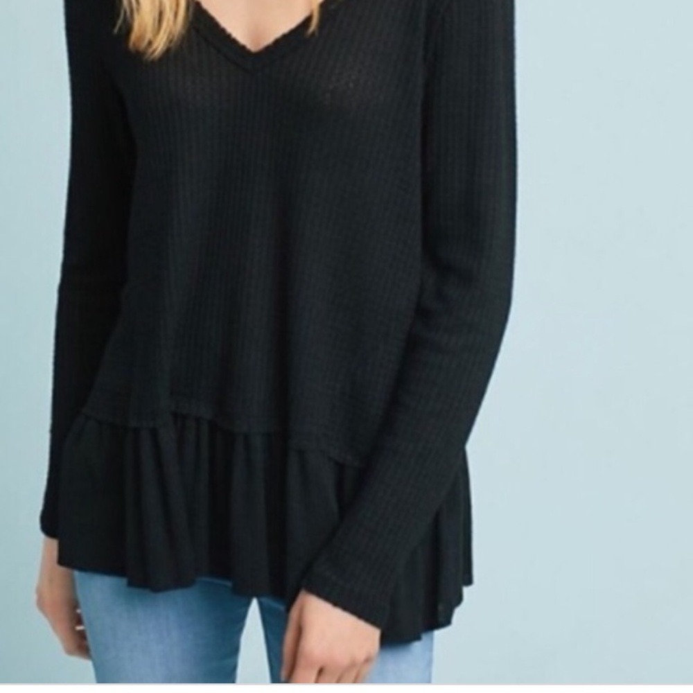 Black Anthropologie Waffle-Knit V-Neck